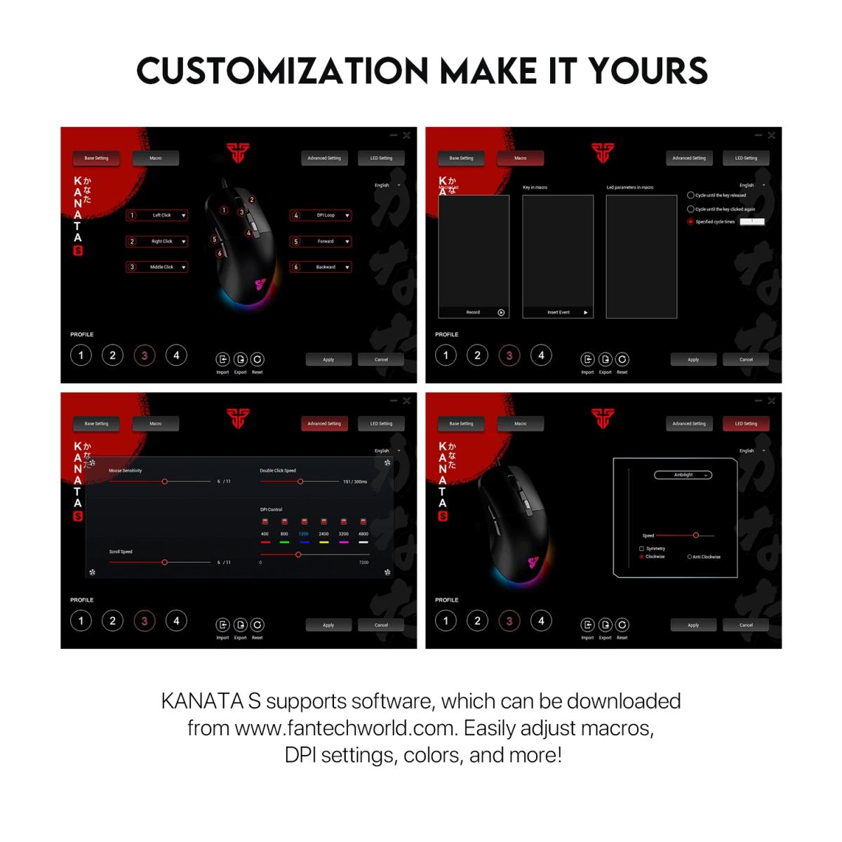 FANTECH KANATA S VX9S RGB Optical Wired Gaming Mouse, 7200 DPI, 82g Weight, Ambidextrous Design, Braided Cord, Software Support for Kanata S