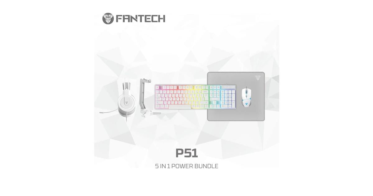 FANTECH P51 Power Bundle 5 IN 1 Gaming Set Combo Black Wired (Keyboard + Mouse + Headset + Mouse Pad+ Headset Stand) - White