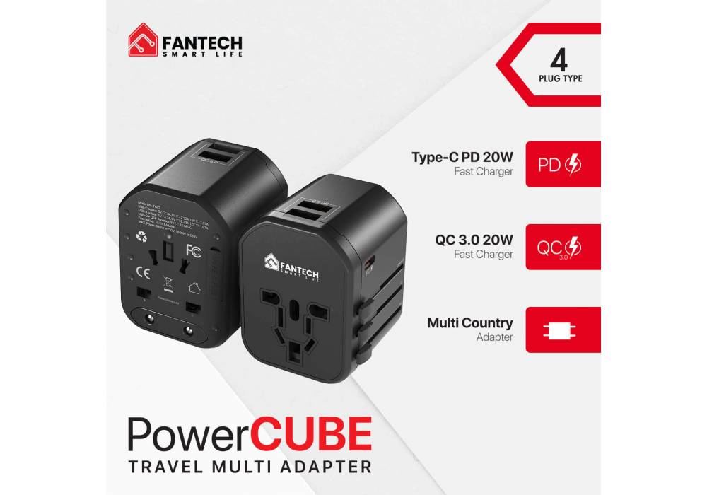 FANTECH TAC1 POWERCUBE TRAVEL MULTI ADAPTER, Multi-Country Adapter, Type-C PD 20W & 2x USB QC 3.0, Dual 8A Fuses for safe charging while travelling, 880W at 100V, 1840W at 230V