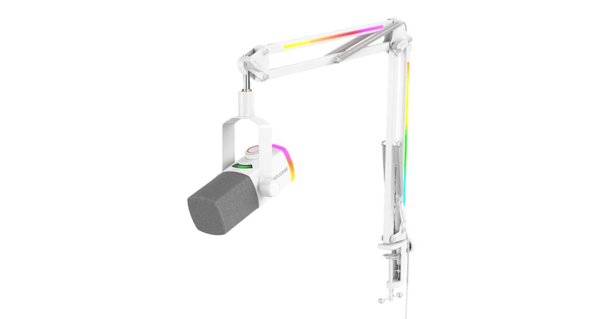 FIFINE AmpliGame AM8PROT USB/XLR Dynamic Microphone Kit with RGB Boom Arm Stand - White