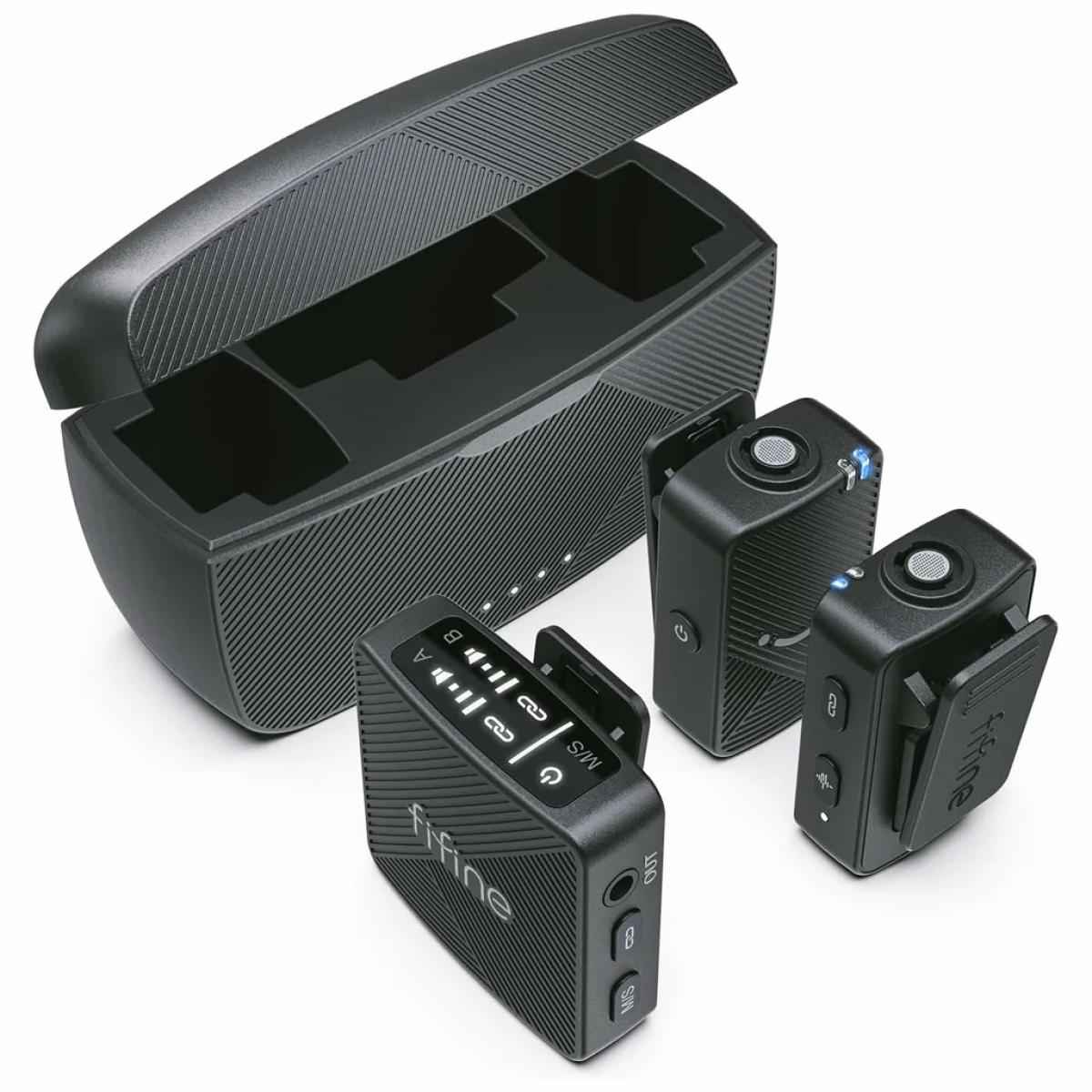 FIFINE M9 Dual Wireless Lav Microphones System Included Charging Case, Three Adapter Cables for Android, iPhone, Camera, M9