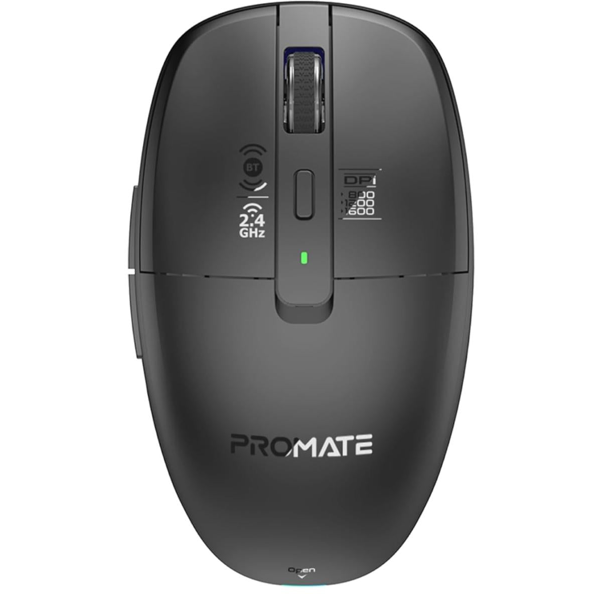 Promate Flixi Triple Mode Wireless Mouse With Bluetooth 5.1, Dual 2.4ghz Usb A & Usb C Dongles, 800/1200/1600 Dpi, Silent Clicks, 500mah Battery, 7 Color Led, Type C Charging, 10m Range Black