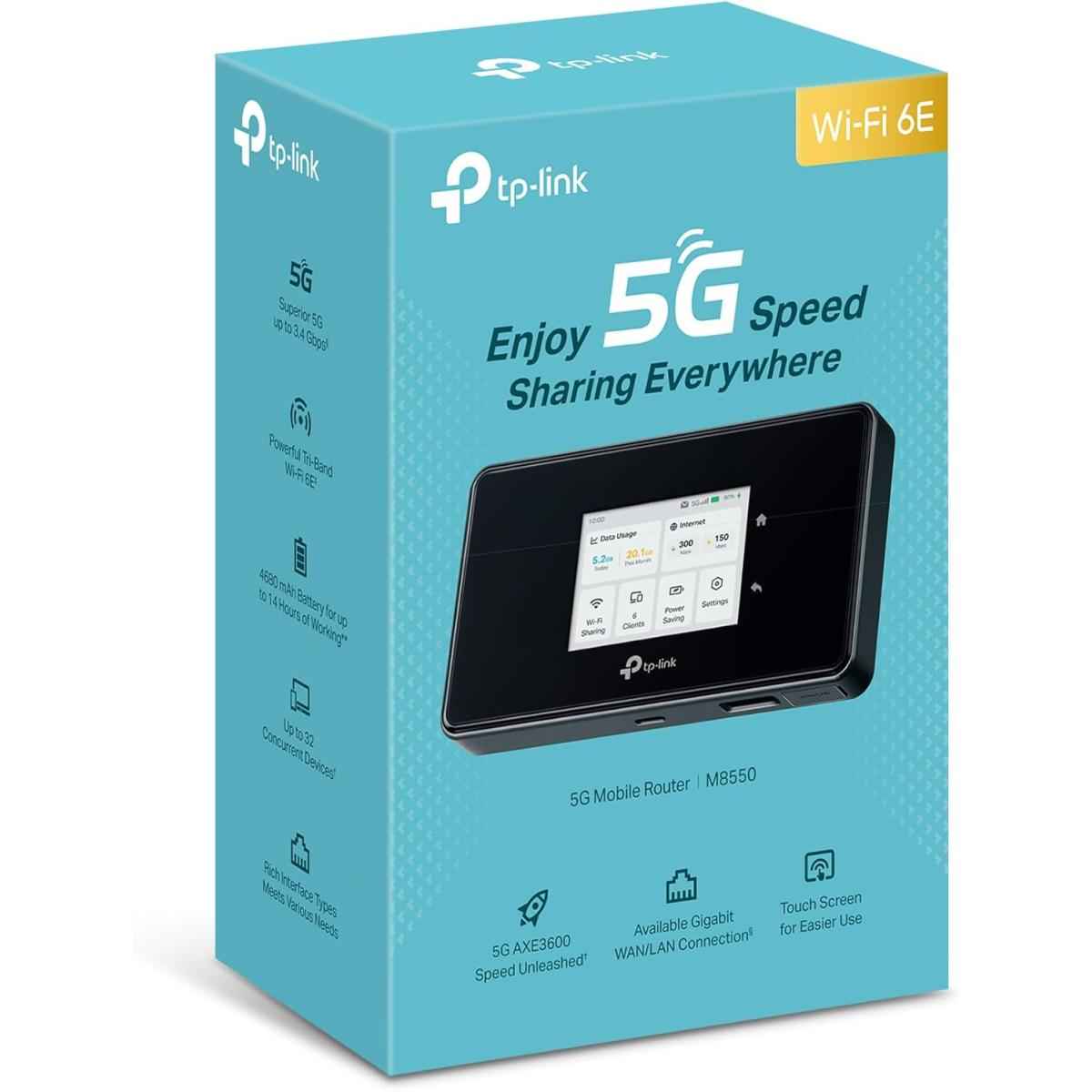 Tp Link M8550 5g Lte Mobile Wlan Router, Tri Band Axe3600 Network, 3.4 Gbps Download Speed, Supports Up To 32 Devices , Gigabit Wan/lan Port, Vpn Encryption, Black