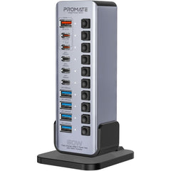 Promate Gegatower 60w 14 In 1 Multiport 60w Usb C Tower Hub, 3 5gbps Usb C Ports, 4 5gbps Usb A Ports, 2 Ultra Fast Charging Pd48w Usb C 3.0 Port, Fast Qc 3.0,on/off Switches, Plug And Play