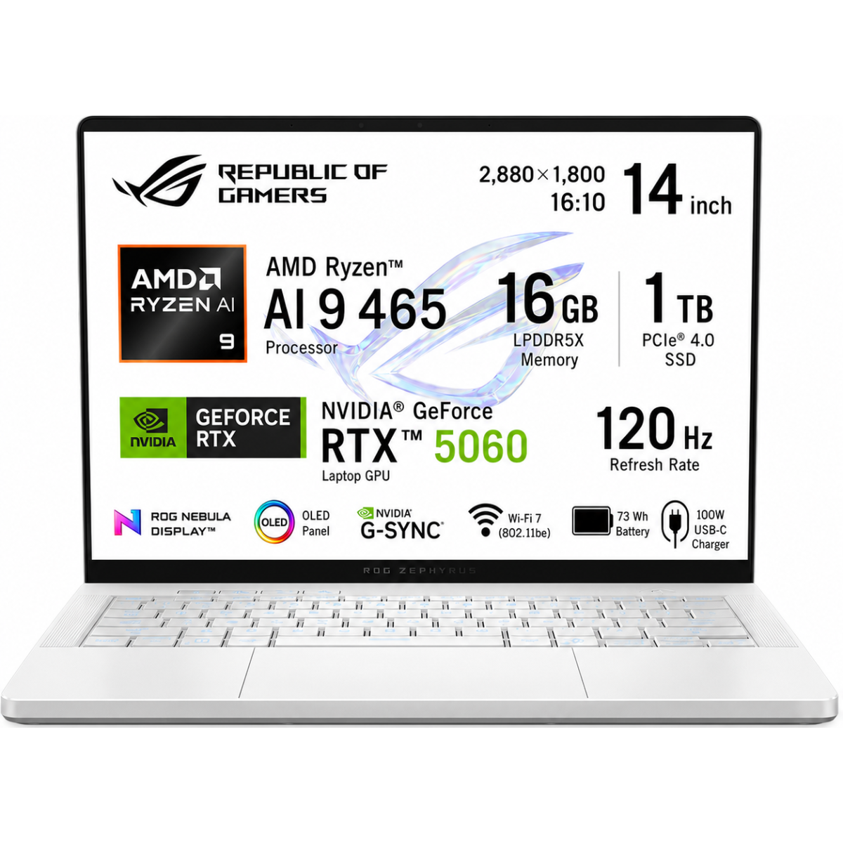 ASUS ROG Zephyrus G14 GA403GM-SY008 Gaming Laptop | Ryzen AI 9 465 | RTX 5060 8GB | 16GB LPDDR5X | 1TB SSD | 14" 3K OLED 120Hz | Platinum White
