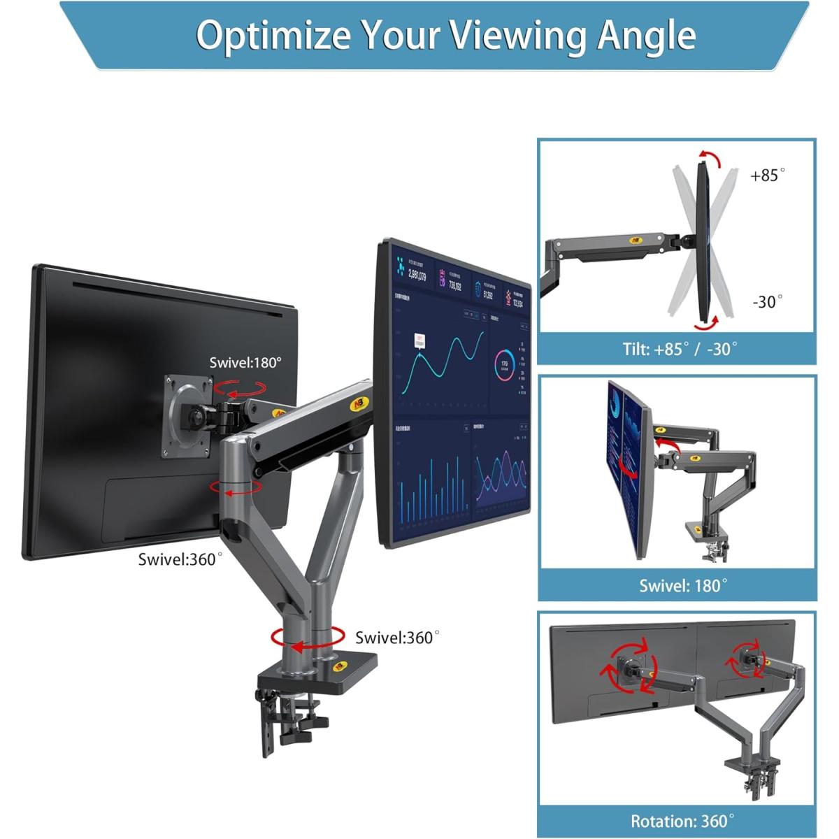 NB North Bayou G35 22"-32" Dual Monitor Stand Gas-Spring Heavy Duty Desk Mount Bracket