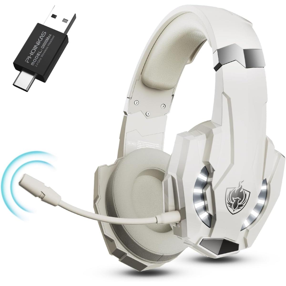 PHOINIKAS Wireless Gaming Headset with mic for PS4 PS5 PC Switch, 2.4G Wireless Over Ear USB Gaming Headphones with 7.1 Stereo Sound, Low Latency, 15H Battery Life - White