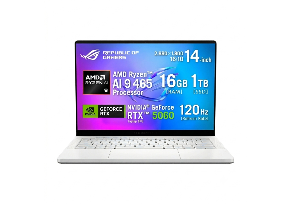 ASUS ROG Zephyrus G14 OLED Laptop – AMD Ryzen AI 9 465, NVIDIA RTX 5060 8GB GDDR7, 16GB LPDDR5X, 1TB PCIe 4.0 SSD, 14" 3K OLED Nebula HDR 120Hz, Wi‑Fi 7, 73Wh Battery, Platinum White
