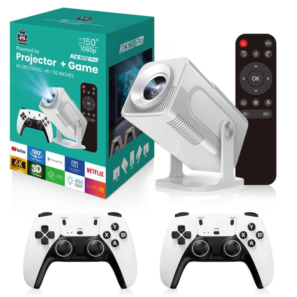 HCS350 Pro 4K Projector 1280*1080P Built-in 30000 Games with 2 Wireless Controllers