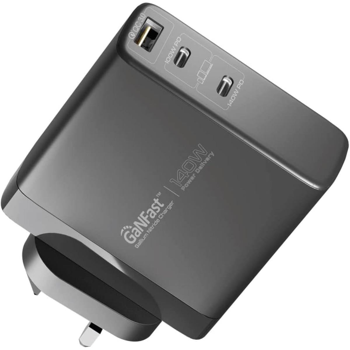 Promate GaNCharge-140W 140W USB-C GaN Charger with 140W Type-C Power Delivery 100W USB-C 3.0 Port 30W QC 3.0 USB Port - Black