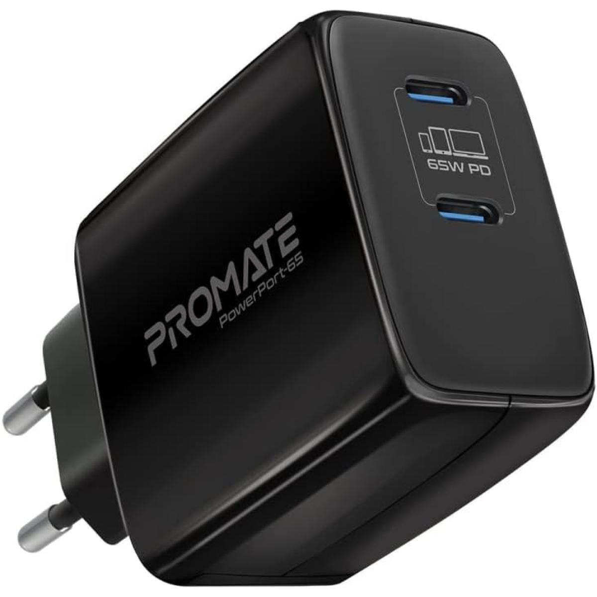 Promate PowerPort-65 65W USB-C Universal Powerful GaN Tech Fast Chargerw/ 2 Type-C Port Adaptive Charging & Over-Charging Protection