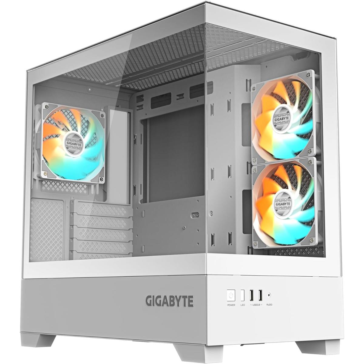 Gigabyte C201 Panoramic Ice Mid Tower Gaming Case, Full Size Tempered Glass Side Panel, Detachable Dust Filters, Includes 3 Argb Fans, White