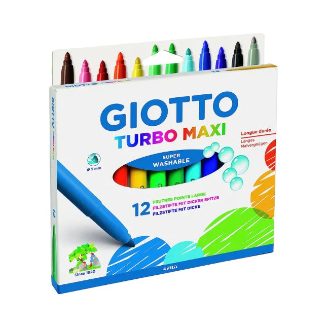 GIOTTO Turbo Maxi Super Washable Felt Tip Fibre Pens, Large Nib 5mm, Pack o 12