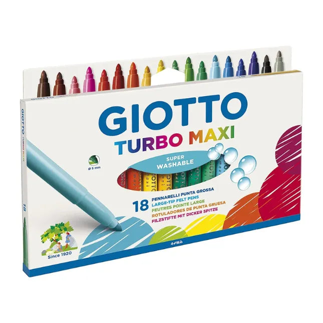 GIOTTO Turbo Maxi Super Washable Felt Tip Fibre Pens, Large Nib 5mm, Pack o 18