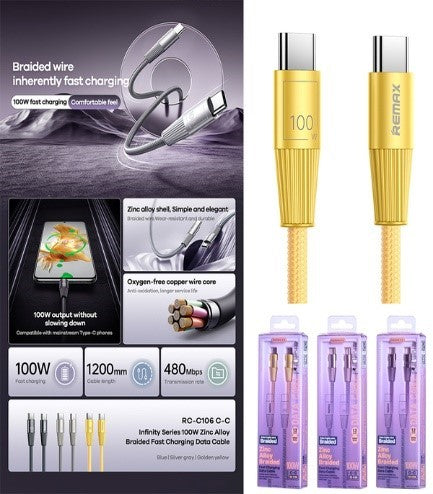 Remax Zinc Alloy Birded Fast Charging, Data Cable Type - C To Type - C, 100Watts, 1.2Mm - RC-C106