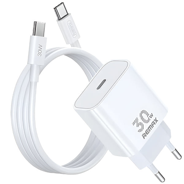 Remax Wall Charger & Fast Data Cable, 30Watts, White - RP-U71