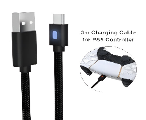 PMW 3M USB-A to USB-C Charging Cable for PS5 Controller — Black - L432