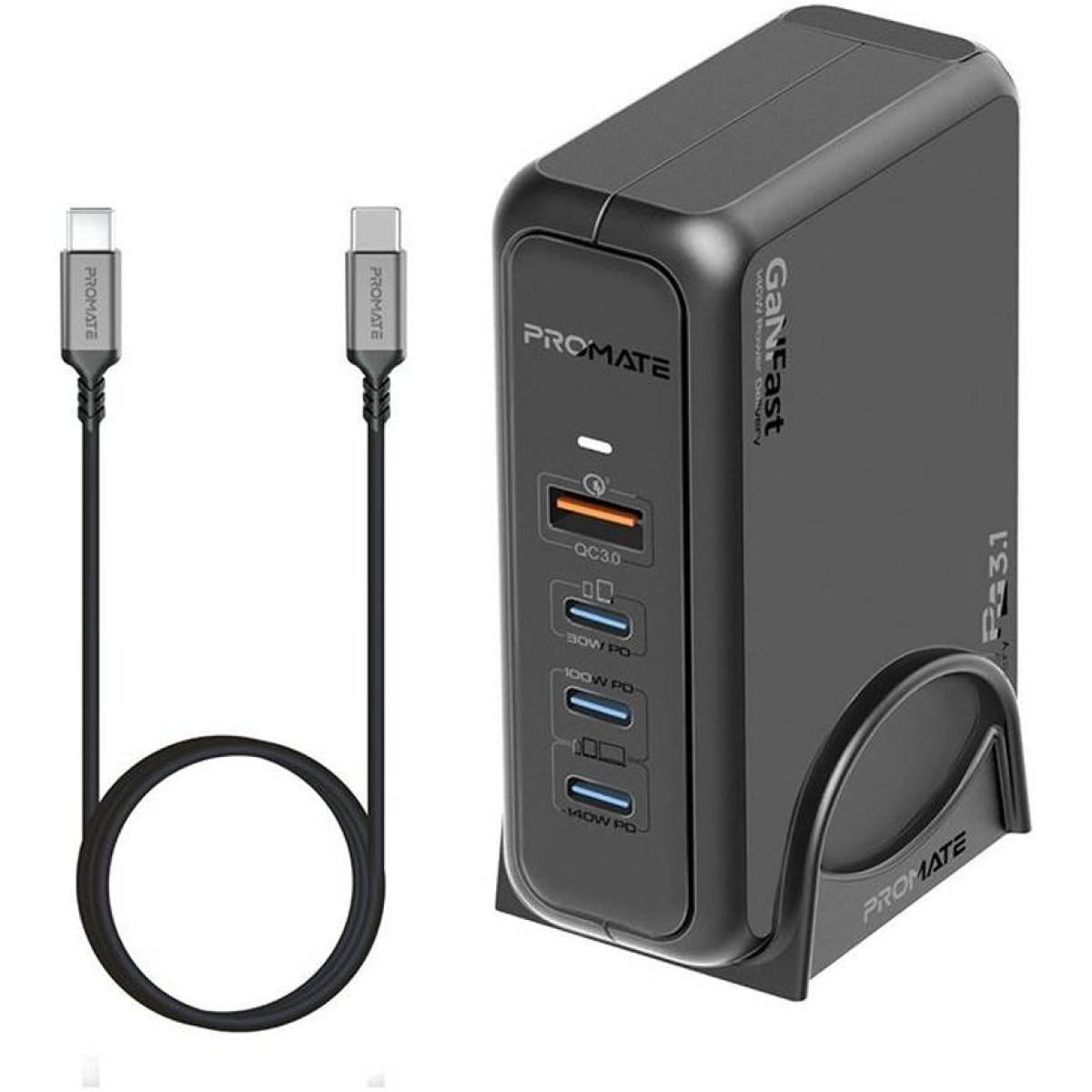 Promate GaNPort-140W Super-Speed GaNFast Charging Station with Power Delivery 3.1 & Quick Charge 3.0, Adaptive Fast Charging, Safety Protection, AC Power Cord, Black