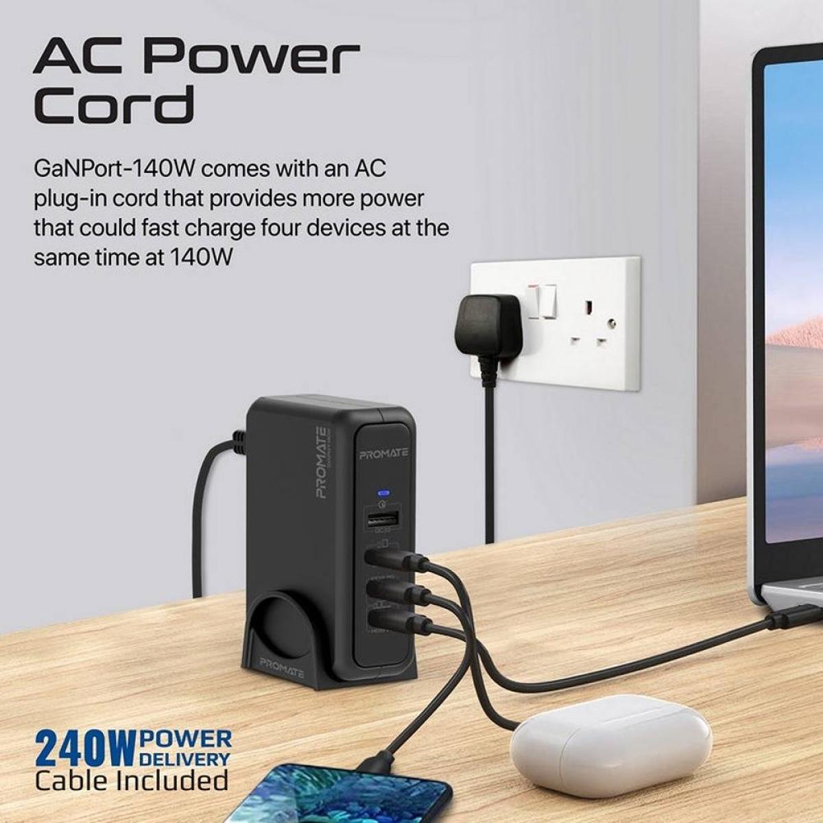 Promate Ganport 140w Super Speed Ganfast Charging Station with Power Delivery 3.1 & Quick Charge 3.0