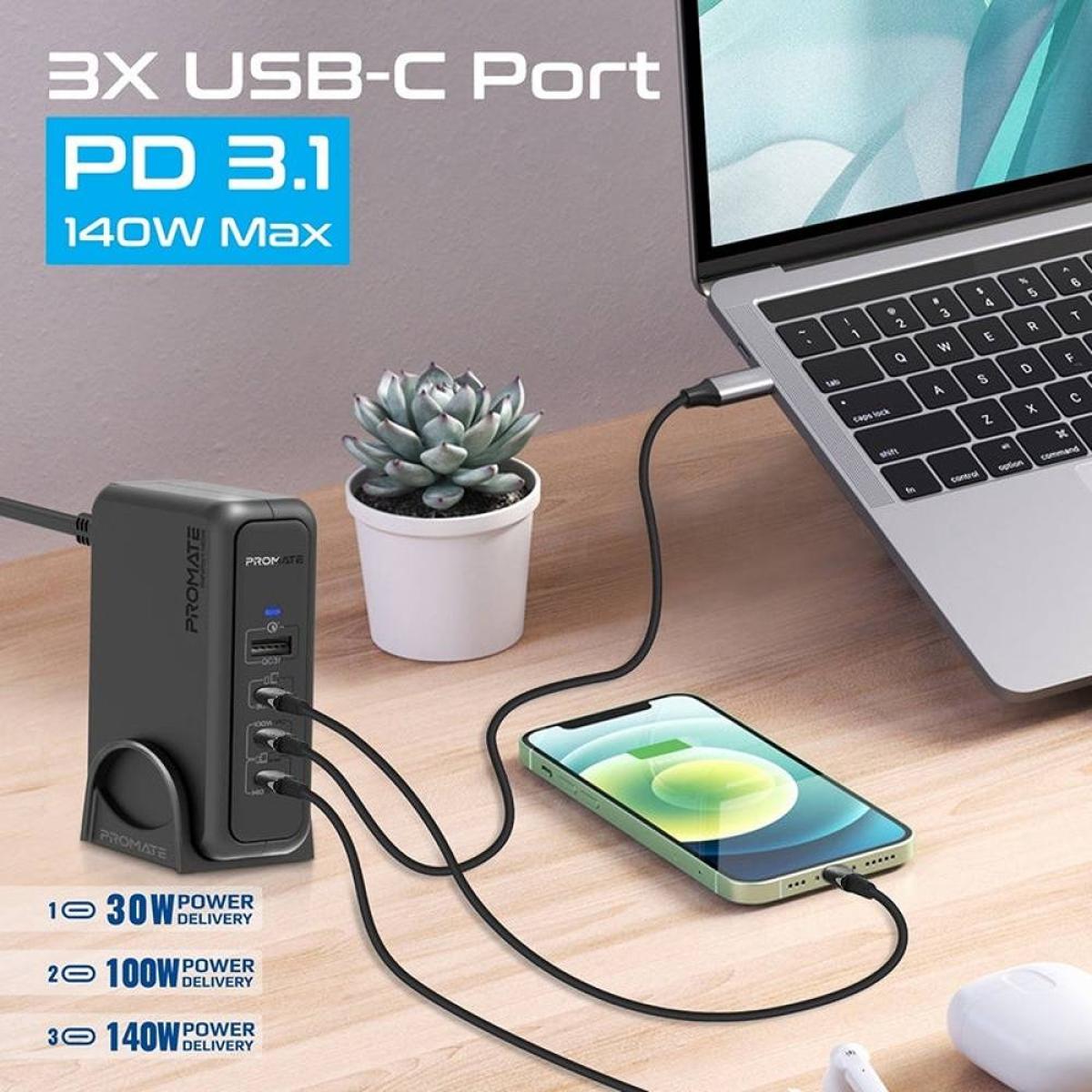 Promate Ganport 140w Super Speed Ganfast Charging Station with Power Delivery 3.1 & Quick Charge 3.0