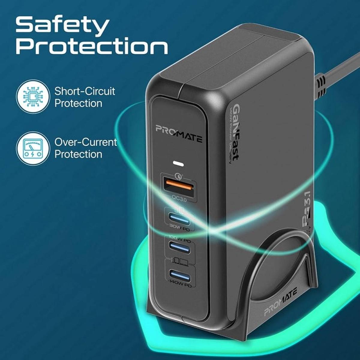 Promate Ganport 140w Super Speed Ganfast Charging Station with Power Delivery 3.1 & Quick Charge 3.0