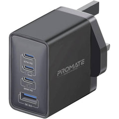 Promate GaNPort4-67PD 67W Power Delivery GaNFast Charger with Quick Charge 3.0, GaN Technology, Adaptive Fast Charging, Safety Protection, Multi-Device Wall Charger, Black