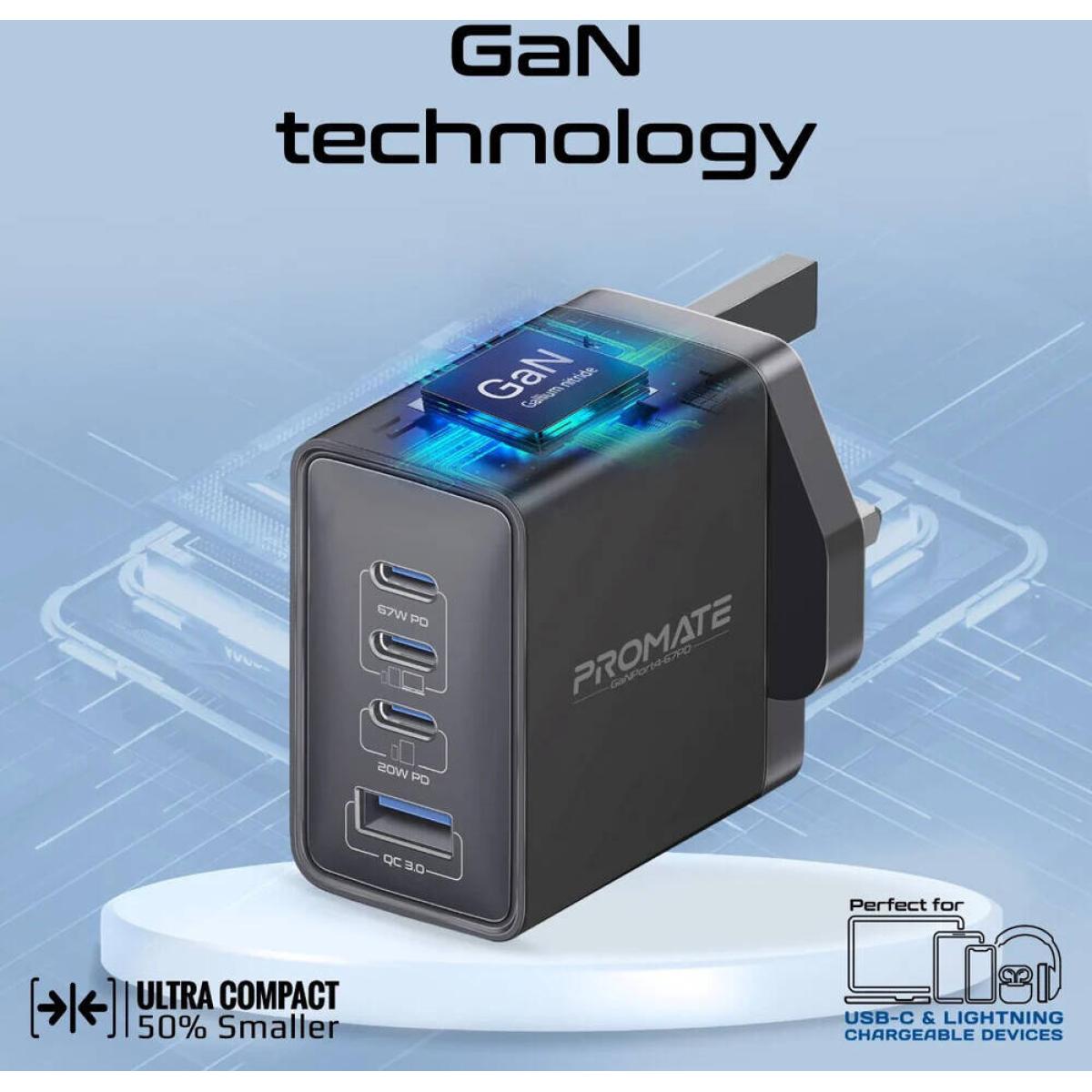 Promate Ganport4 67pd 67w Power Delivery Ganfast Charger with Quick Charge 3.0
