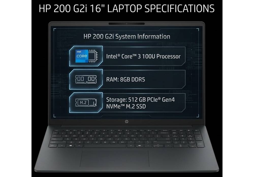 HP 200 G2i 16" Laptop (DV5L0AT), Intel Core 3 100U, 8GB DDR5 RAM, 512GB PCIe Gen4 NVMe SSD, 16" WUXGA IPS Display, Wi-Fi 6 + BT 5.4, FreeDOS, Iron Gray, 1 Year Warranty