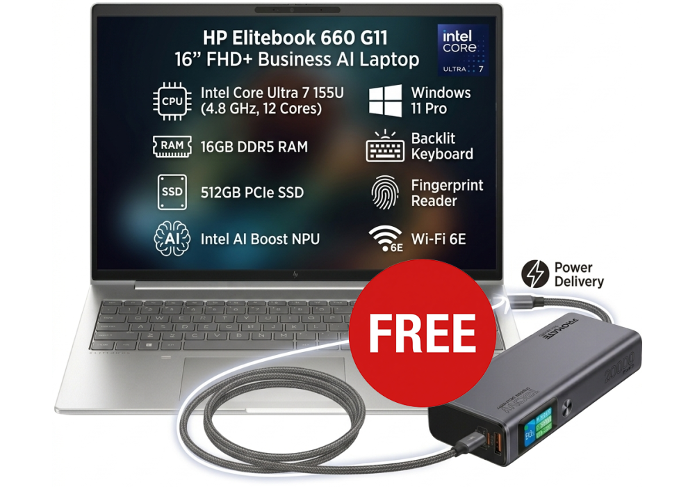 HP Elitebook 660 G11 16" FHD+ Business AI Laptop Computer, Intel Ultra 7 155U 4.8 GHz 12 Cores, 16GB DDR5 RAM, 512GB PCIe SSD, WiFi 6E, Backlit Keyboard, Fingerprint Reader, Windows 11 Pro w/ Promate 130W Laptop Power Bank 20000mAh Titan-130