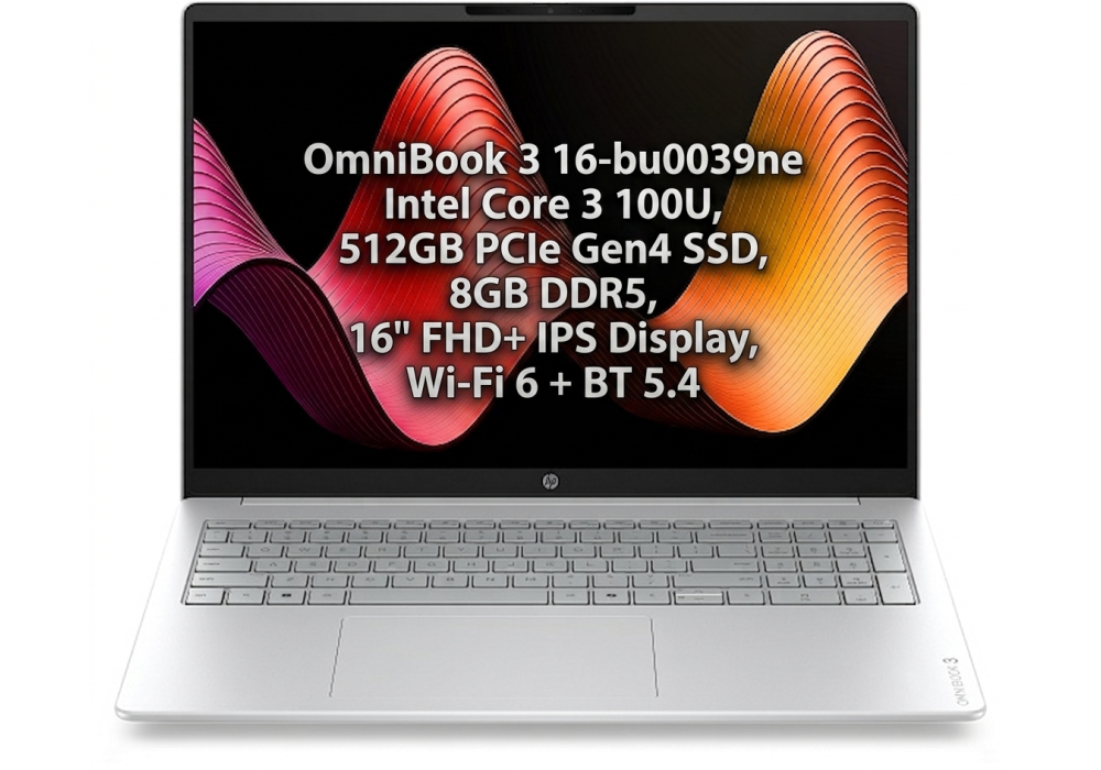 HP OmniBook 3 Laptop 16‑bu0039ne – Intel Core 3 100U, 6 Cores, 512GB PCIe Gen4 SSD, 8GB DDR5, 16" FHD+ IPS Display, Wi‑Fi 6 + BT 5.4, Glacier Silver