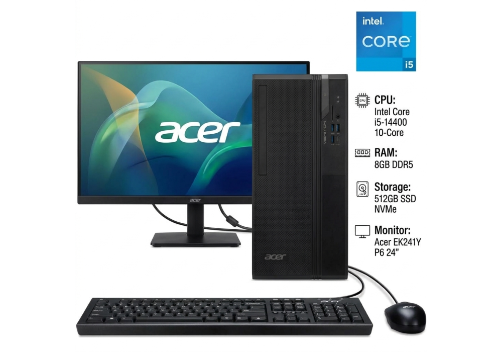 Acer Veriton S2722G Commercial Desktop PC Bundle, Intel Core i5-14400 10-Core, 8GB DDR5 RAM, 512GB NVMe PCIe 4.0 SSD, Wi-Fi 6, Bluetooth 5.3 + Acer EK241Y P6 23.8" FHD IPS 100Hz Monitor, FreeSync, Speakers, 3 Years Warranty