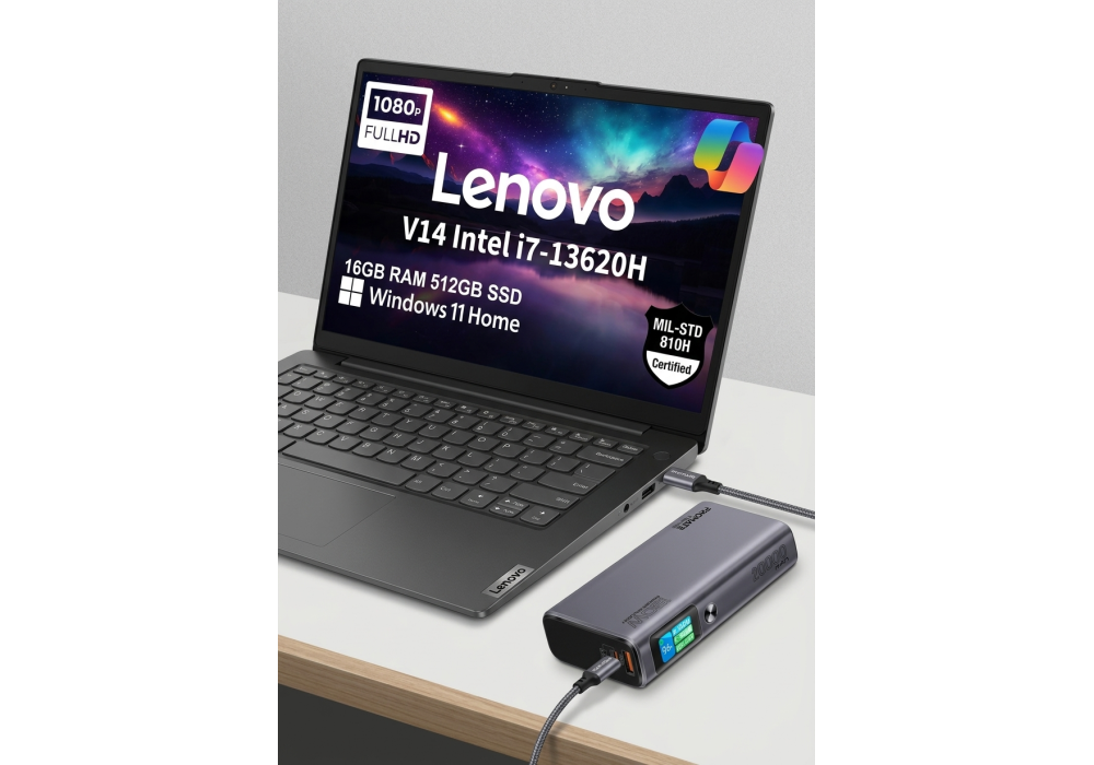 Lenovo V14 Gen 4 Laptop Free Power Bundle, Intel Core i7-13620H 13th Gen 4.9GHz High-Performance Processor, 16GB DDR4, 512GB SSD, 14" FHD, Ethernet (RJ-45), Windows 11 Home w/ Promate 130W Laptop & Mobile Power Bank 20000mAh Titan-130
