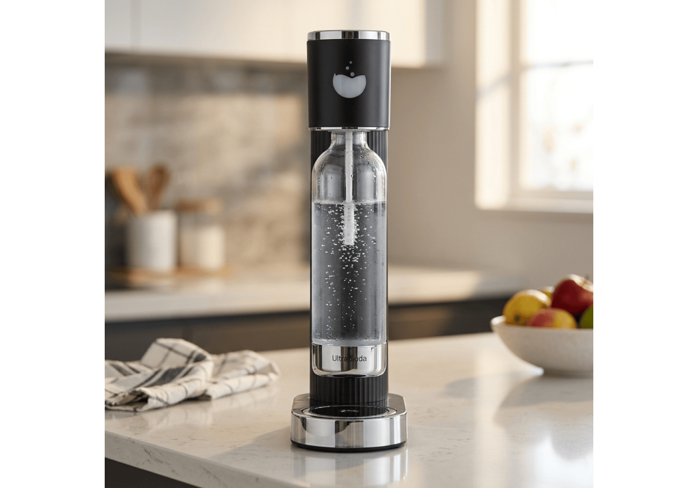 Ultra Soda Maker Machine (Model V500), 60L CO₂ Cylinder, 1000mL BPA-Free Bottle, Cordless Operation - Matte Black