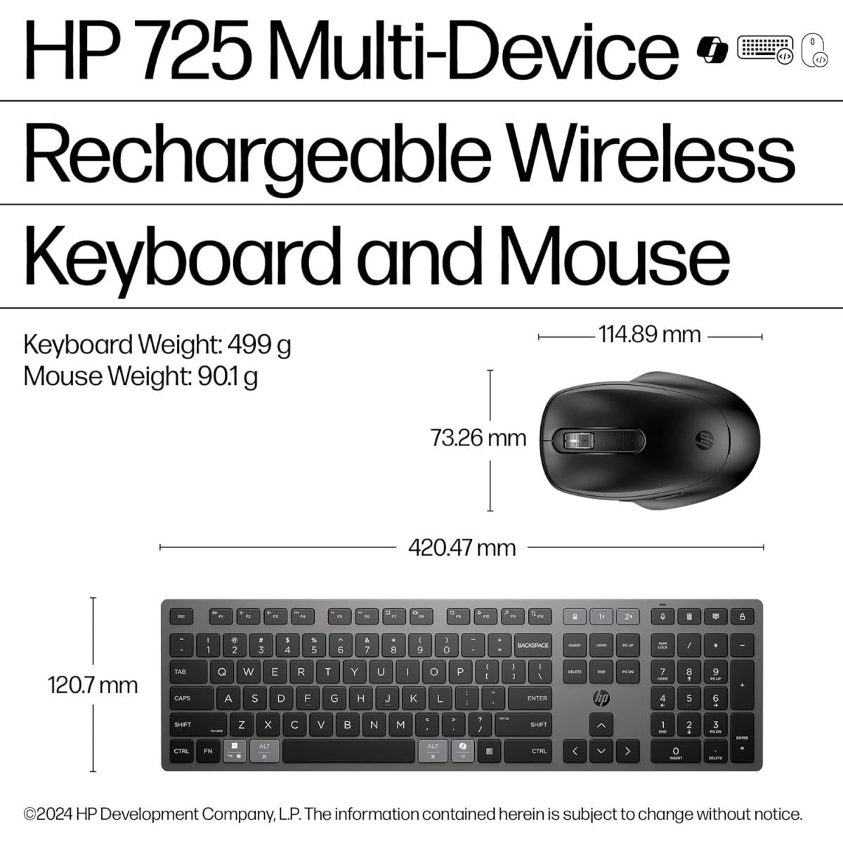HP 725 Multi-Device Rechargeable Wireless Keyboard and Mouse Combo , up to 2 Months (Keyboard) 30 Days (Mouse) of Usage From a 3-Minute Charge HP 725 Multi-Device Rechargeable Wireless Keyboard and Mouse Combo , up to 2 Months (Keyboard) 30 Days (Mouse) of Usage From a 3-Minute Charge