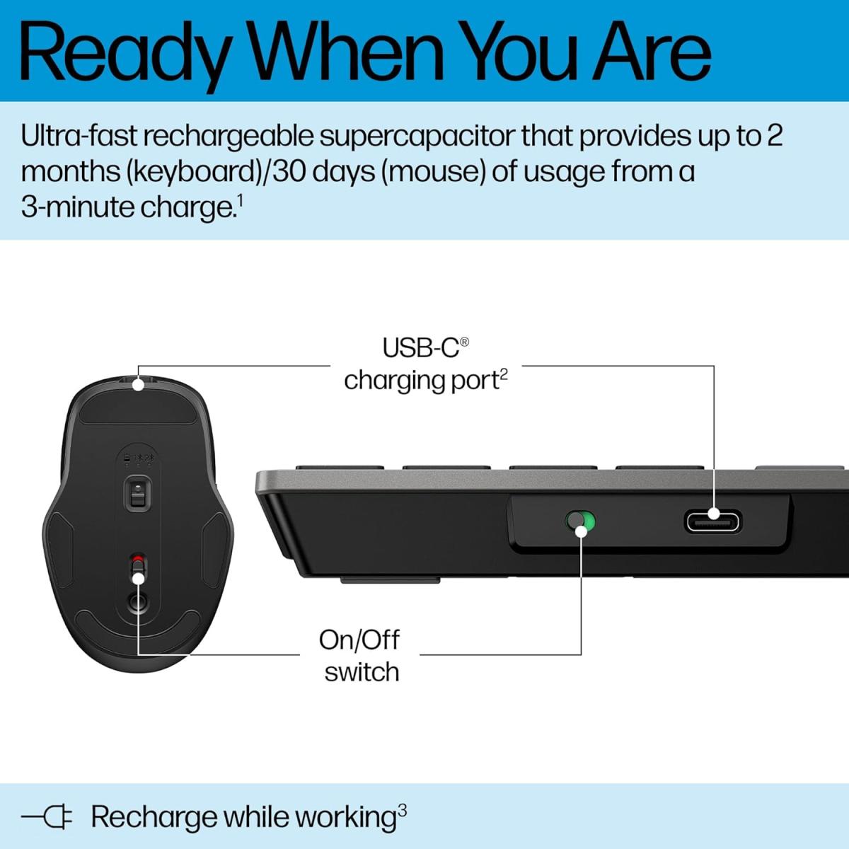 HP 725 Multi-Device Rechargeable Wireless Keyboard and Mouse Combo , up to 2 Months (Keyboard) 30 Days (Mouse) of Usage From a 3-Minute Charge HP 725 Multi-Device Rechargeable Wireless Keyboard and Mouse Combo , up to 2 Months (Keyboard) 30 Days (Mouse) of Usage From a 3-Minute Charge
