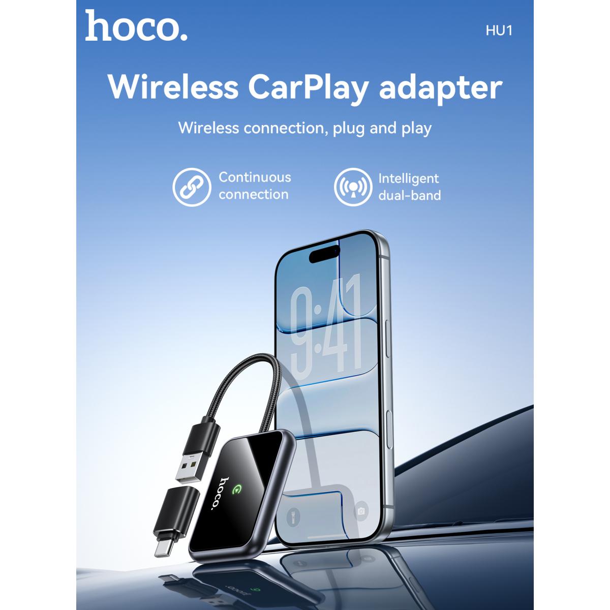 HOCO HU1 Wireless CarPlay Adapter for iPhone – USB-A/USB-C, Metal Grey