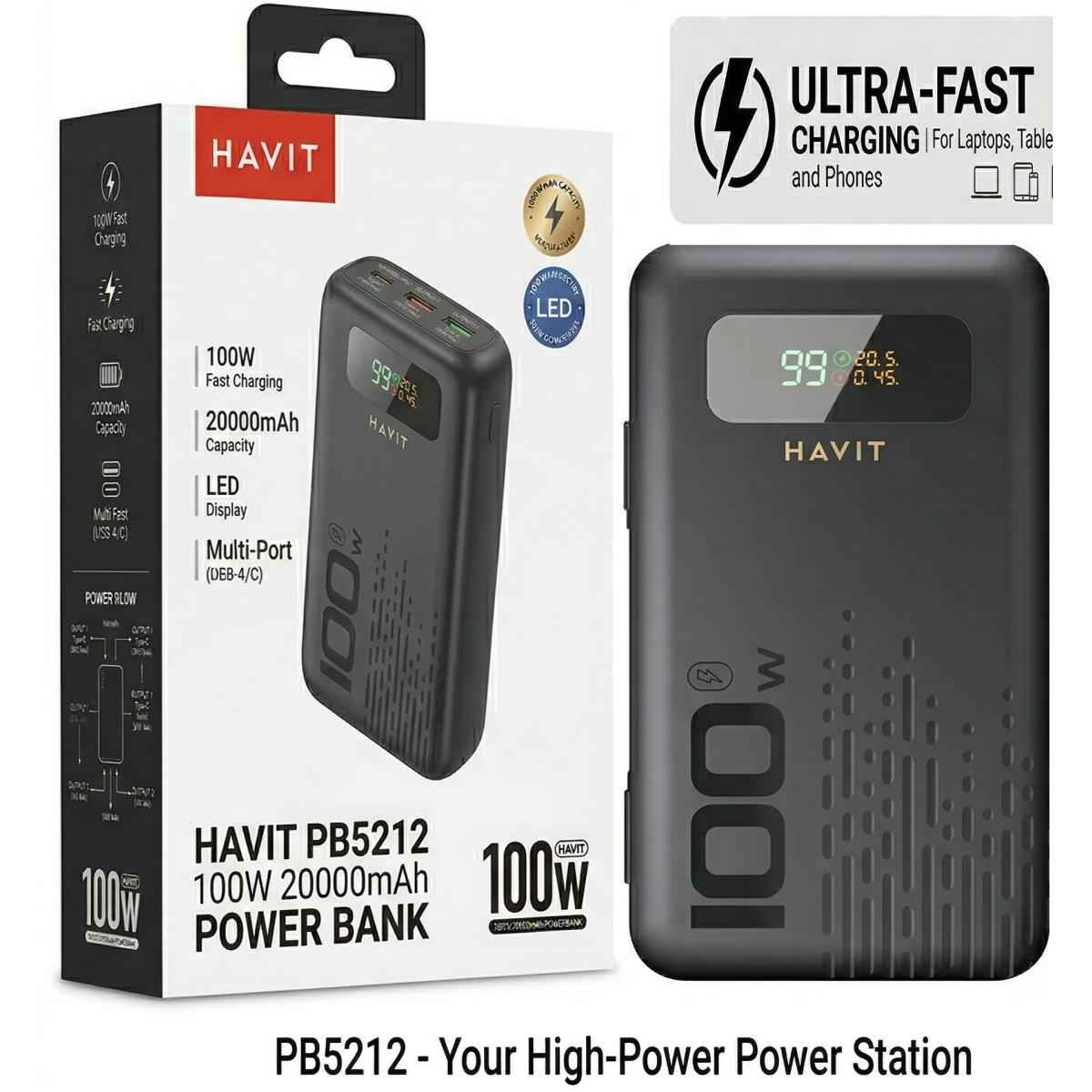 Havit Pb5212 Power Bank 20000mah 100w Fast Charging , Multiple Usb C Outputs, Usb A , Smart Digital Display, Secure & Stable Charging For Laptops & Handheld , Smartphones, Tablets & Travel Black