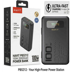 Havit Pb5212 Power Bank 20000mah 100w Fast Charging , Multiple Usb C Outputs, Usb A , Smart Digital Display, Secure & Stable Charging For Laptops & Handheld , Smartphones, Tablets & Travel Black