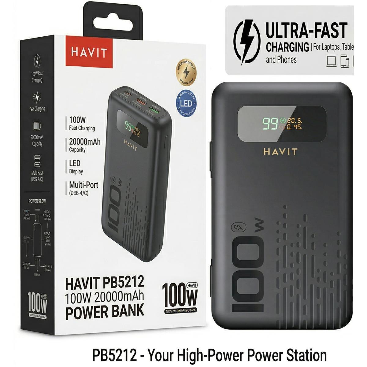 HAVIT PB5212 Power Bank 20000mAh 100W Fast Charging , Multiple USB C Outputs, USB A , Smart Digital Display, Secure & Stable Charging for Laptops & Handheld , Smartphones, Tablets & Travel - Black