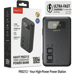 HAVIT PB5212 Power Bank 20000mAh 100W Fast Charging , Multiple USB C Outputs, USB A , Smart Digital Display, Secure & Stable Charging for Laptops & Handheld , Smartphones, Tablets & Travel - Black