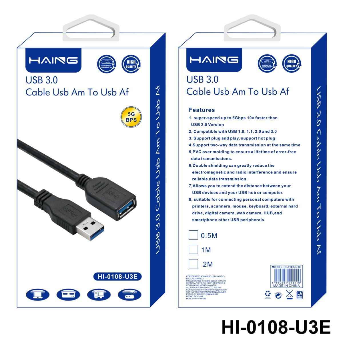 HAING HI-0108-U3E USB 3.0 Extension Cable Male to Female 1M