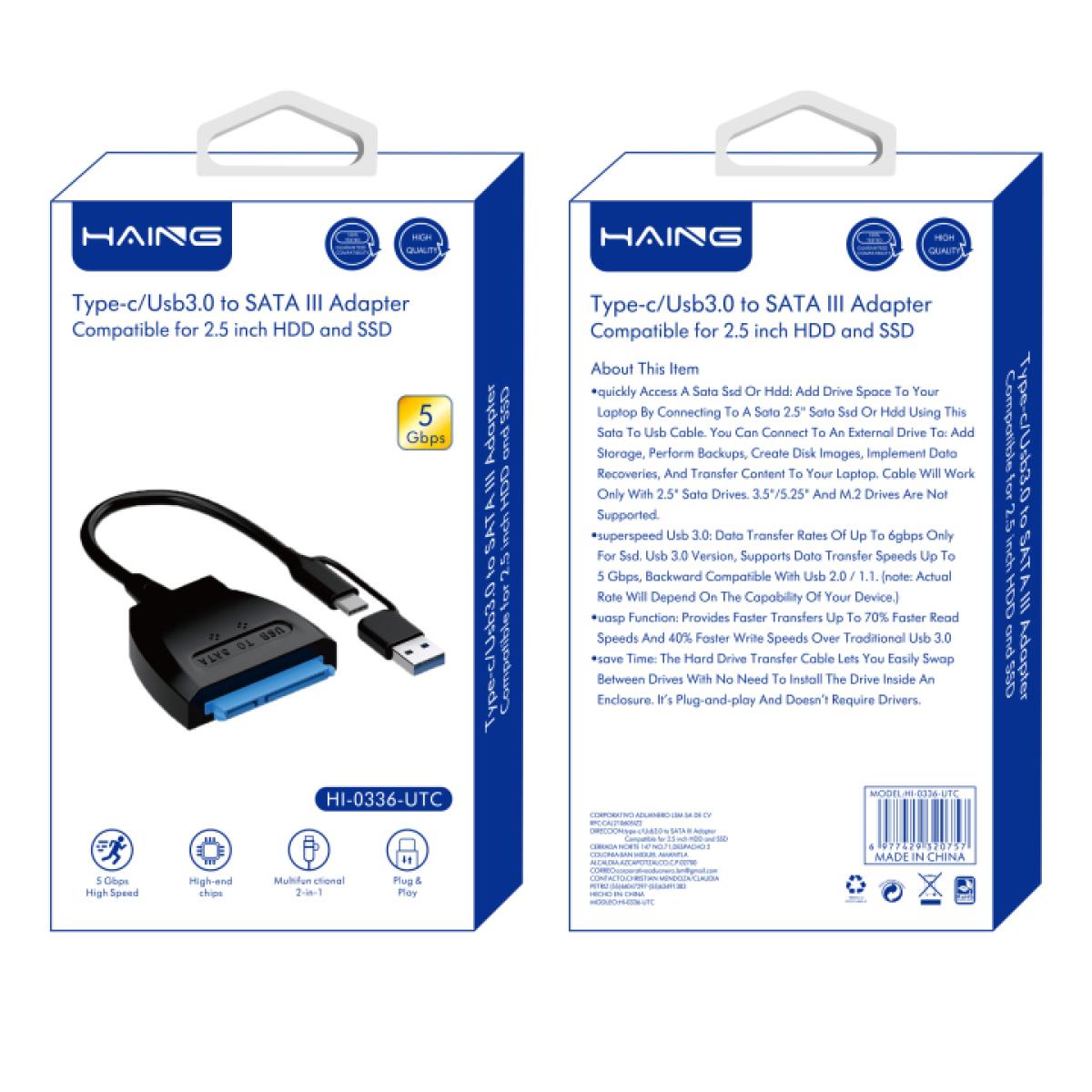 HAING HI-0336-UTC USB3.0/TYPE-C to SATA Ill Adapter Compatible for 2.5 inch HDD and SSD