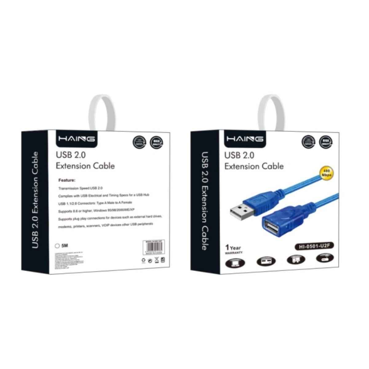 HAING HI-0501-U2F USB 2.0 Extension Cable 5M -Blue