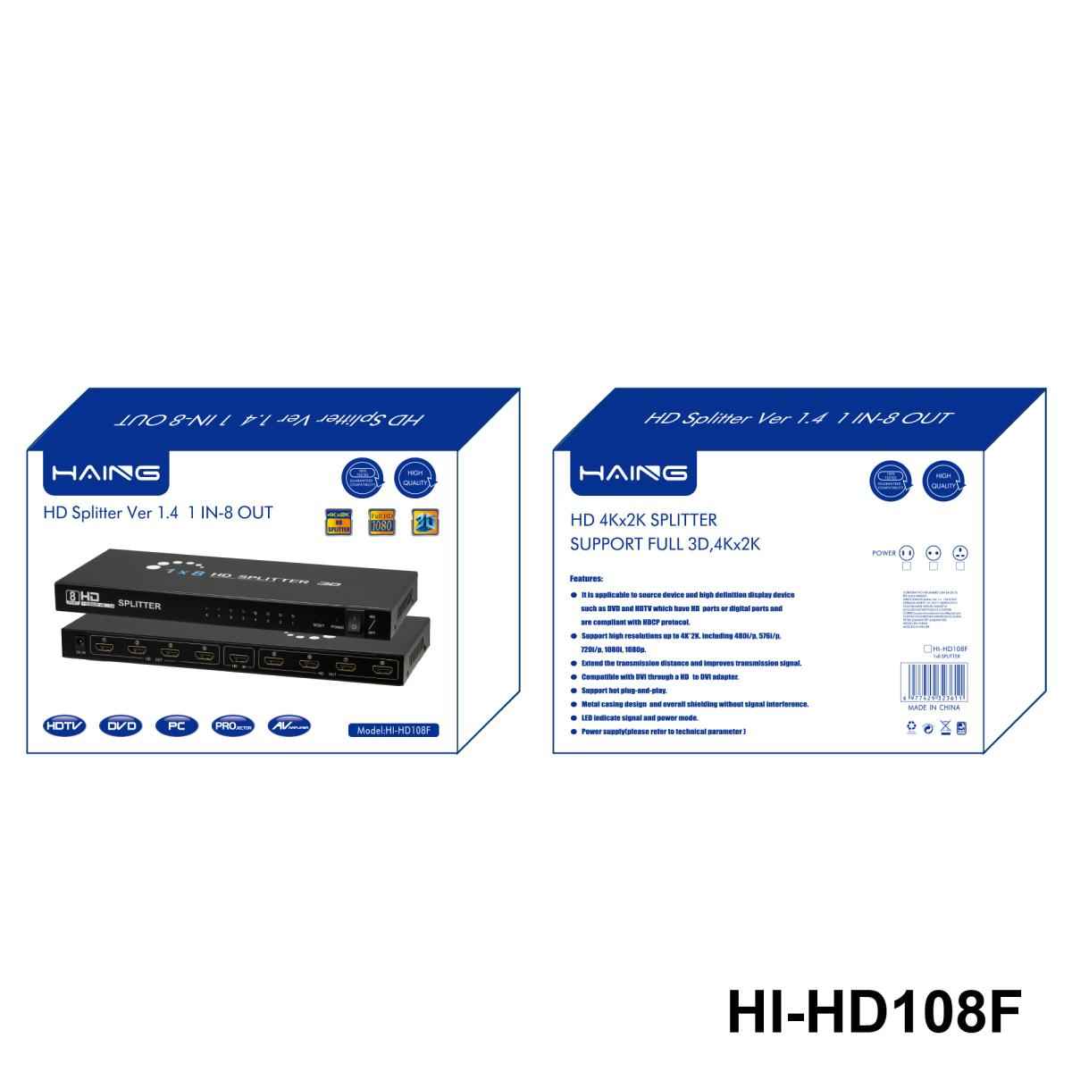 HAING HI-108F 1x8 8 Ports HDMI Powered Splitter for Full HD 1080P & 3D 4K Support