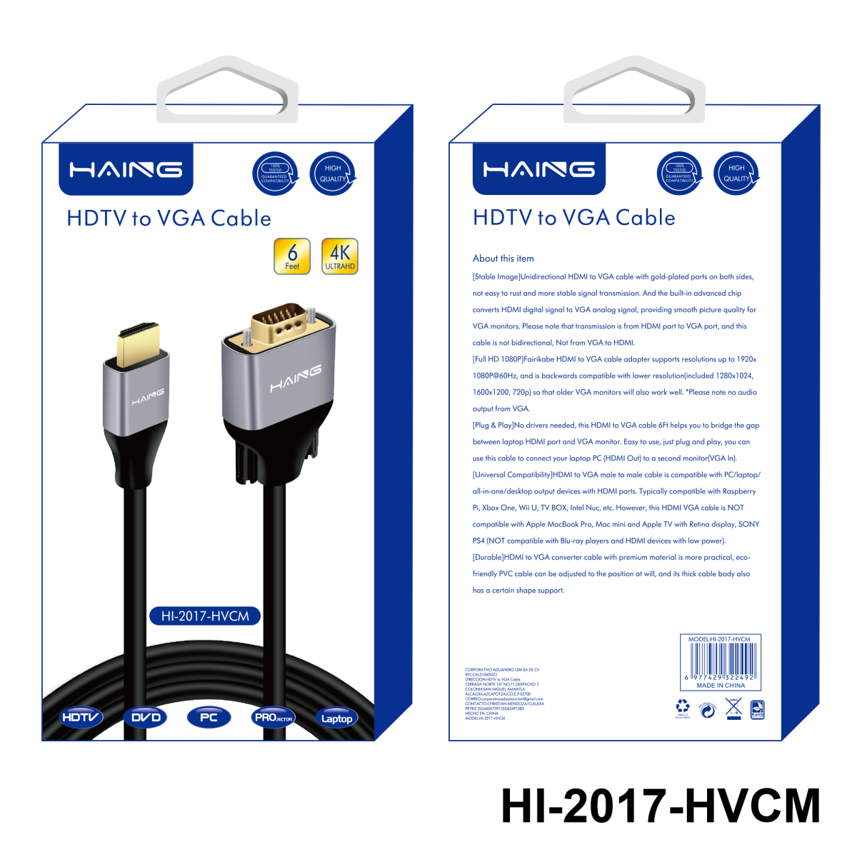 HAING HI - 2017 - HVCM HDTV to VGA Cable 1.8 meter, cables