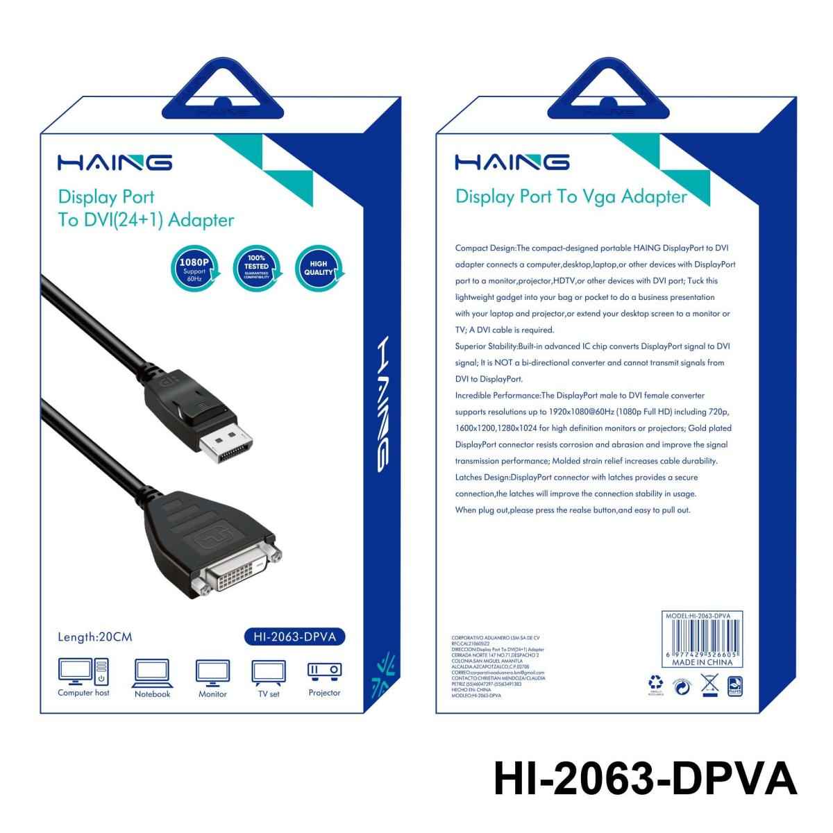 HAING HI-2063-DPVA Display Port To Single-Link DVI-D Monitor Adapter Cable 20cm