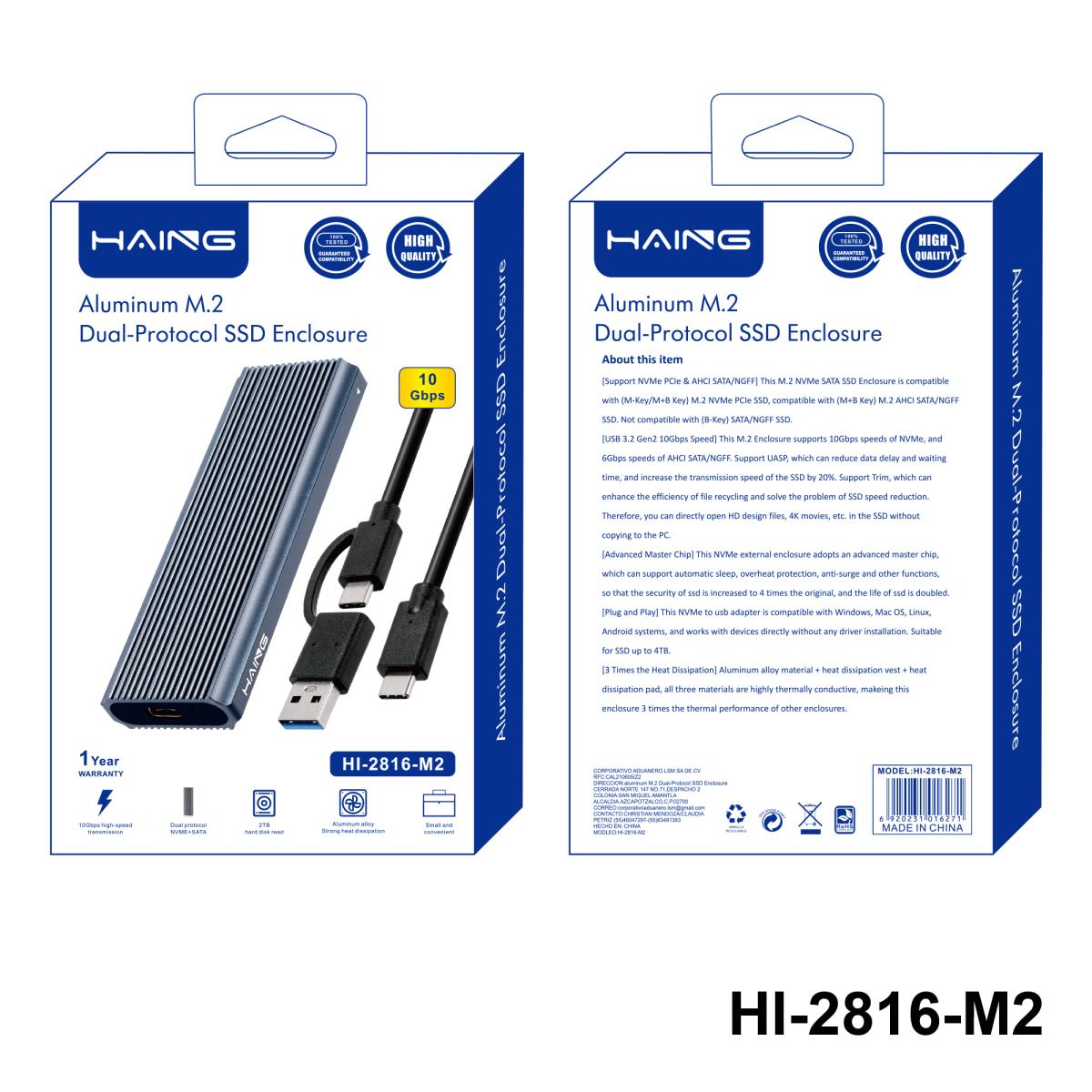 HAING HI-2816-M2 Aluminum M.2 Dyal-Protocol SSD Enclosure