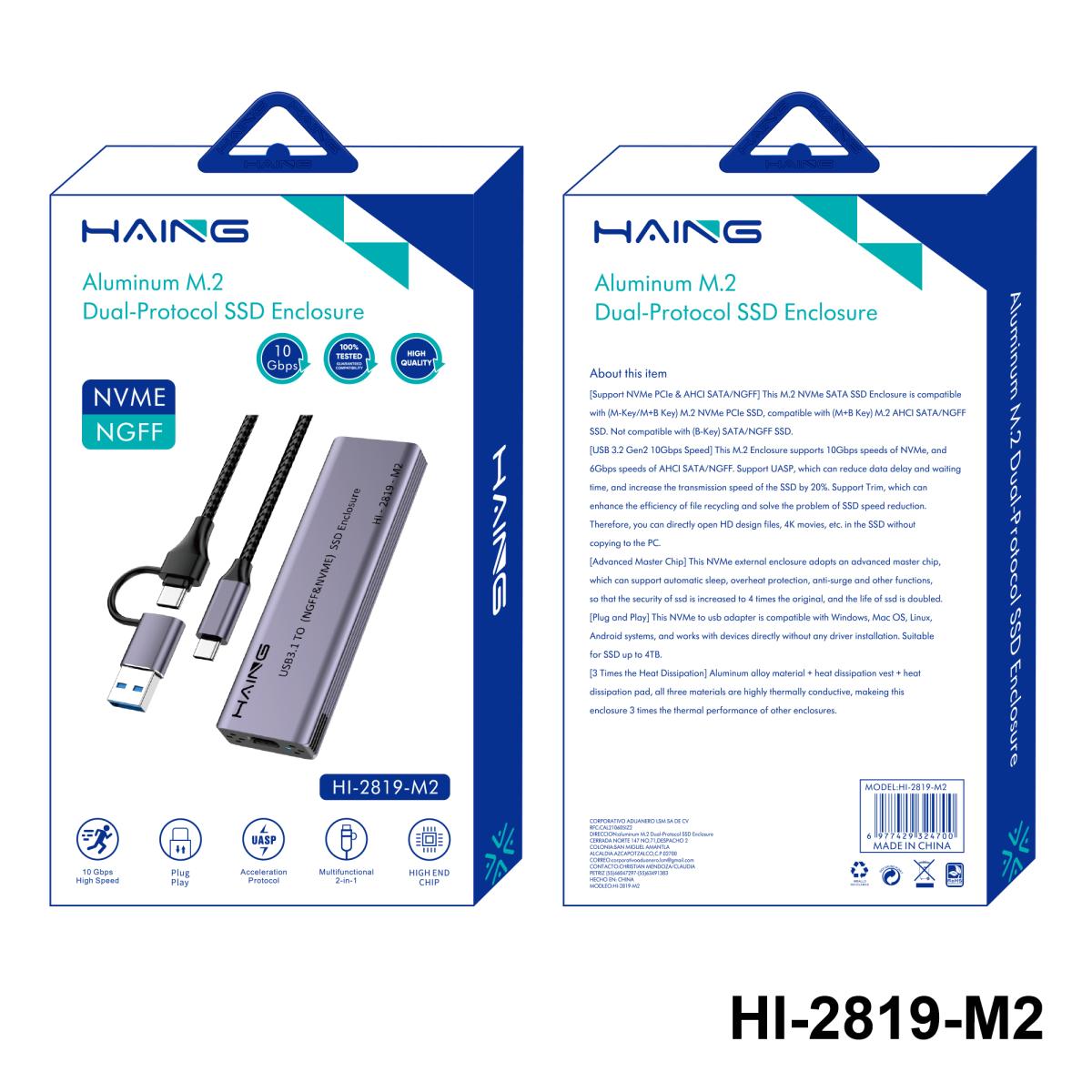 HAING HI-2819-M2 Aluminum NVME M.2 Dual-Protocol USB 3.1 & Type-C SSD Enclosure 10 Gbps