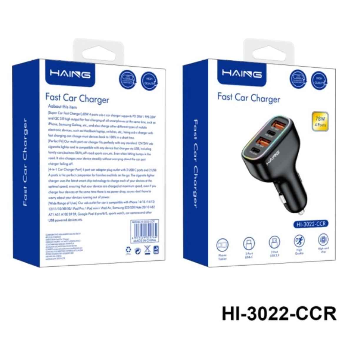 HAING HI - 3022 - CCR Fast Car Charger 4 Ports 78W