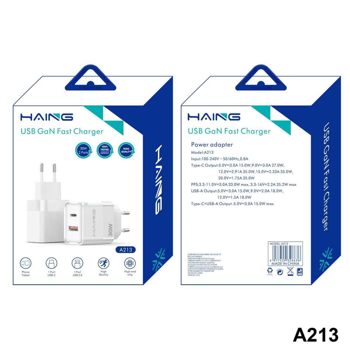 HAING HI-A213 2 ports USB GaN Fast Charger EU 30W